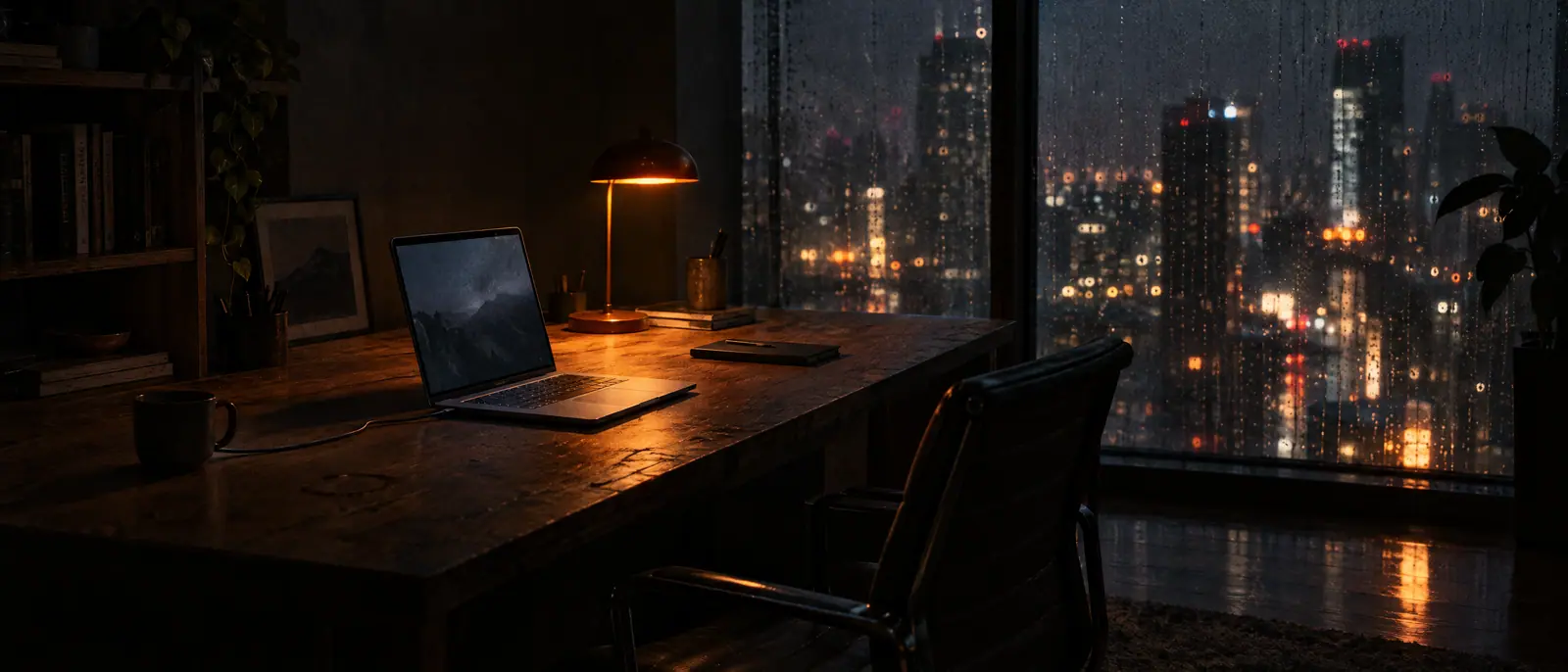 A laptop on a wooden desk under a lamp, a rainy city at night outside the window