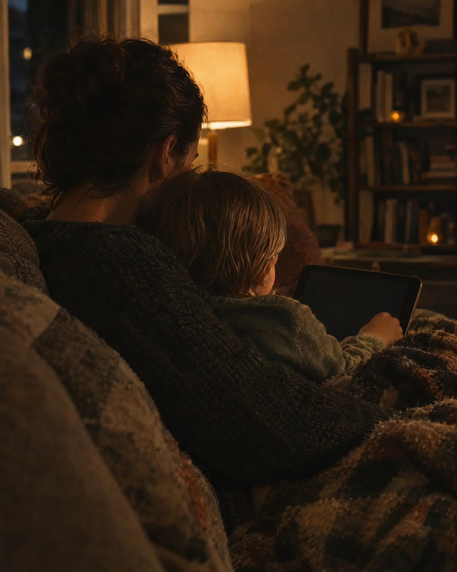 A parent and a young child sitting together on a sofa looking at a tablet in a warmly lit room