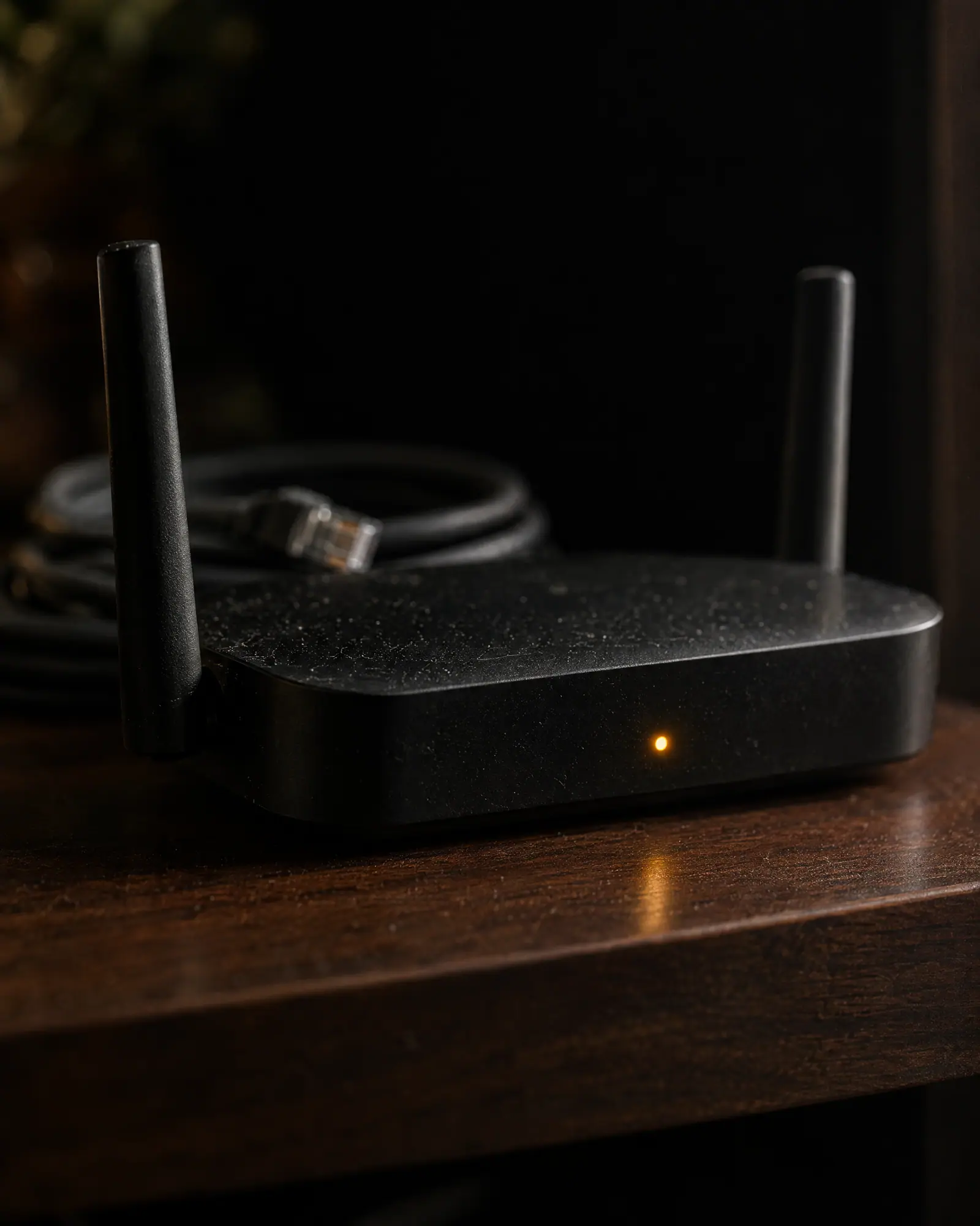 A black home Wi-Fi router with two antennas and a single amber status light on a wooden shelf
