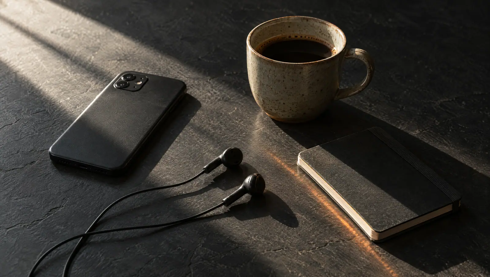 A phone, earphones, a notebook and a cup of coffee on a dark stone surface in a beam of light