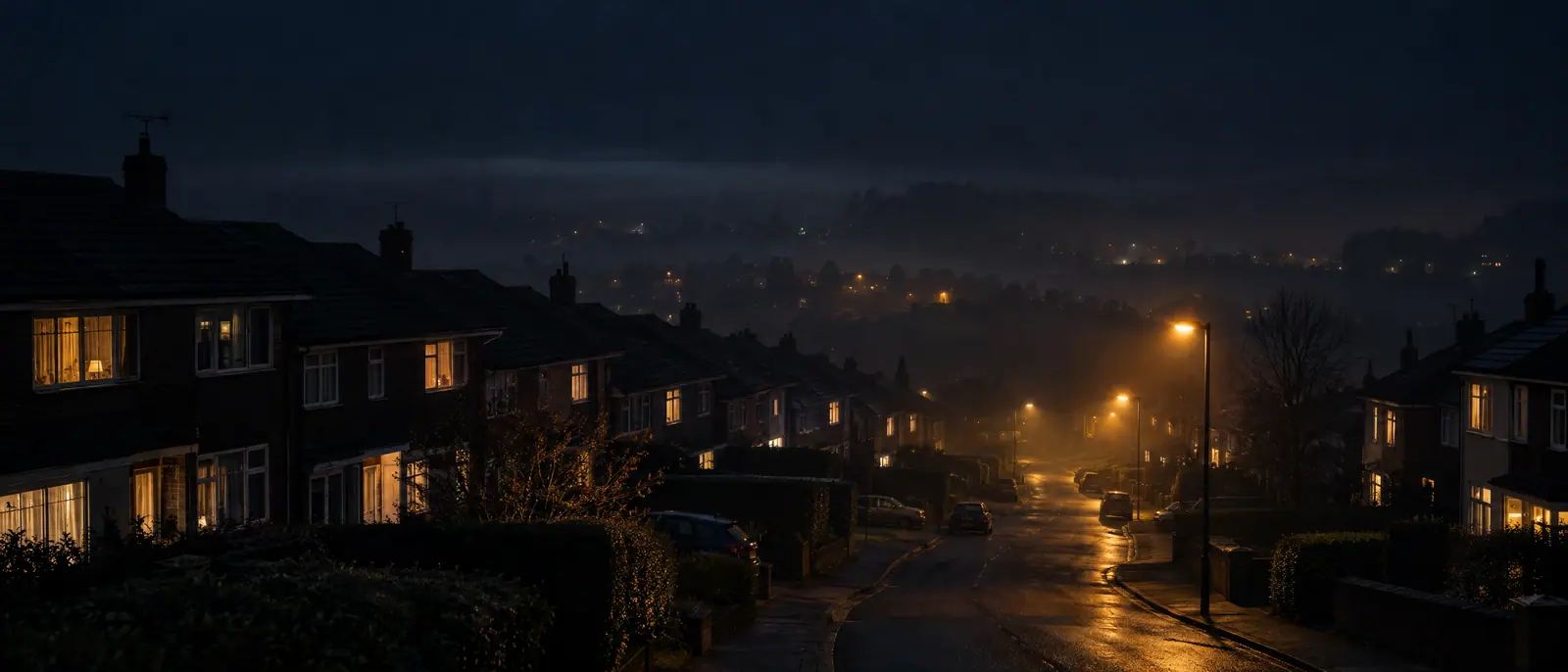 A residential street at night with lit windows and street lamps in the mist